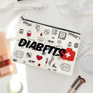 Canvas makeup bag with diabetes letter print, cute pencil case and zipper coin pouch for daily use.