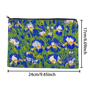 Detailed view of canvas zipper pouch featuring artistic blue floral oil painting print.
