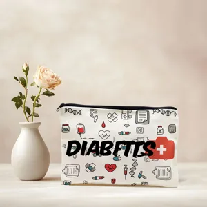 Canvas cosmetic bag with medical doodle print and zipper closure for daily storage.