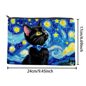 Canvas zipper makeup bag with starry night black cat print for cosmetic pencil storage