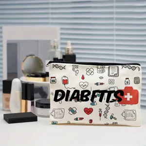 Detail view of canvas makeup pouch with medical doodle print and secure zipper closure.