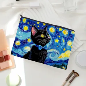 Canvas makeup pouch featuring starry night black cat art detail with durable zipper closure.