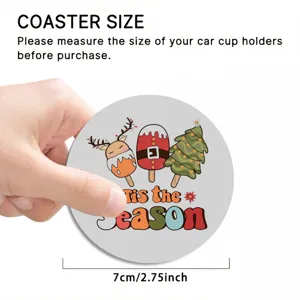 Close-up detail of the round Christmas car coaster, non-slip rubber material, 7cm size.