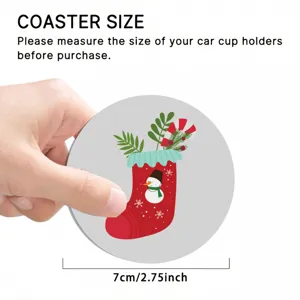 Car coaster detail view showing Christmas snowman print and 7cm size for cup holder.