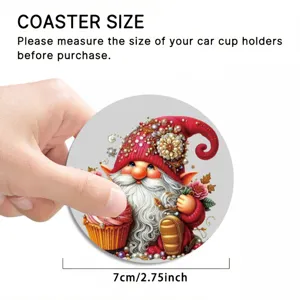 Close-up view of the Christmas gnome car cup coaster showing fine details and 7cm size.