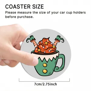 Car cup holder coaster detail showing 7cm size and Christmas elf graphic design for auto interior.