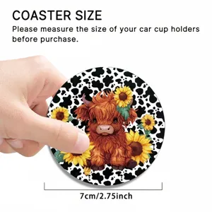 Joli sous-verre de voiture vache highland avec motif tournesol, accessoire porte-tasse.