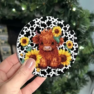 Sous-verre de voiture rond avec vache et tournesol, tapis antidérapant de protection pour porte-gobelet.