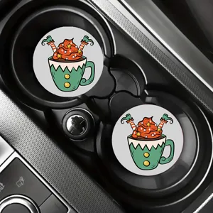 Car anti-slip cup coaster detail shot, cute holiday elf mug design inside vehicle holder.