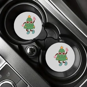 Close-up detail shot of cute cartoon Christmas tree non-slip car cup coasters in car holder.