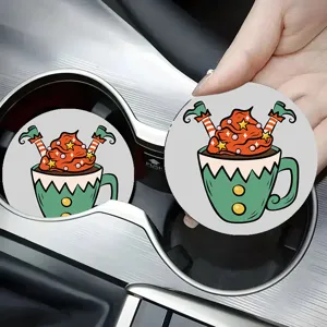 Detailed shot of a cute Christmas elf car cup holder coaster placed in a vehicle console.