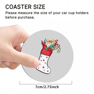 Detail view of Christmas car cup coaster showing size comparison and festive stocking print.