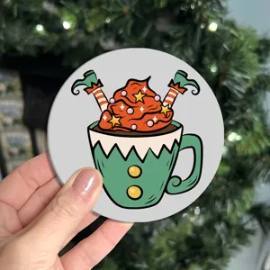 Christmas elf hot cocoa pattern car anti-slip water coaster coffee cup mat interior accessory.