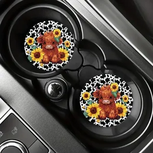 Sous-verres de voiture mignons vache Highland, tapis antidérapants ronds imprimé tournesol.