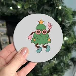 Retro cartoon Christmas tree round car coaster, anti-slip rubber cup mat detail shot.