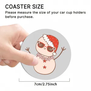 Car cup coaster size detail showing 7cm diameter and cute Christmas snowman cartoon design.