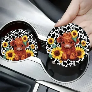 Dessous de verre pour voiture, motif mignon vache écossaise tournesol tapis antidérapant rond.