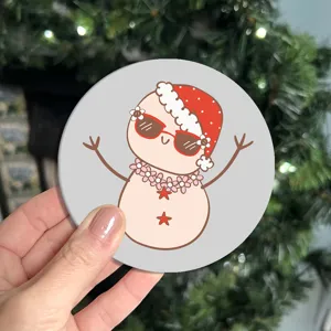 Cute Christmas snowman cartoon coaster detail, perfect for car cup holder or table coffee mug.