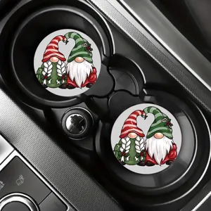 Christmas gnome car coasters, cute holiday cartoon auto cup holder insert mats set.