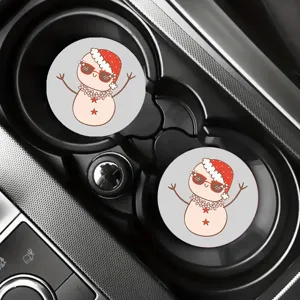 Cute Christmas snowman car cup coasters set, non-slip silicone auto cup holder mats decor.