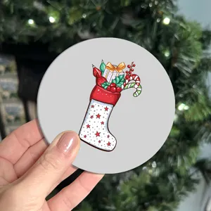 Detailed view of a cute cartoon Christmas stocking car coaster, perfect holiday auto interior decor.
