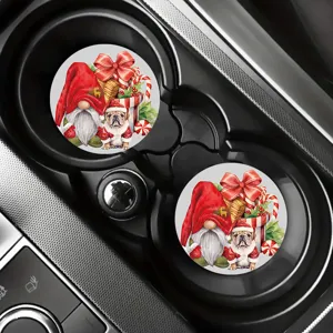 Conjunto de posavasos de coche navideños lindo gnomo bulldog tapete absorbente para tazas
