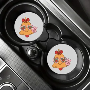 Round cute cartoon car cup coasters set, non-slip rubber automotive interior accessories detail.