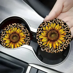 Sous-verres absorbants pour porte-gobelet de voiture avec motif tournesol et léopard