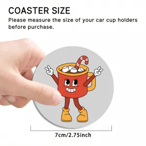 Car coaster detail showing compact circular size, non-slip rubber material and cute design.