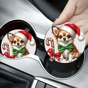 Christmas chihuahua car cup coaster, cute absorbent ceramic mat for auto cup holder decor.
