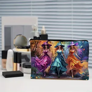 Canvas cosmetic bag with fantasy witch print, durable zipper pouch for makeup, travel and daily use.