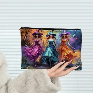 Canvas cosmetic pouch detail view, zipper closure and artistic witch print design for daily use.
