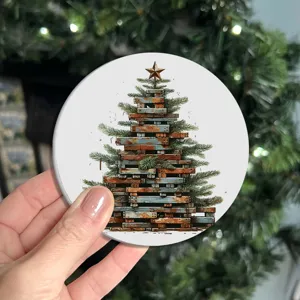 Sottobicchiere rotondo con motivo a pallet di abete natalizio, tappetino termico per tazza.