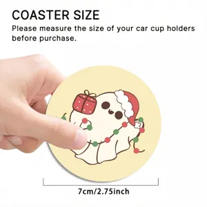 Car coaster detail view showing size and cute Christmas ghost pattern design for auto cup holders.