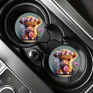 Sous-verres de voiture mignons vache des Highlands porte-tasse absorbant decor floral