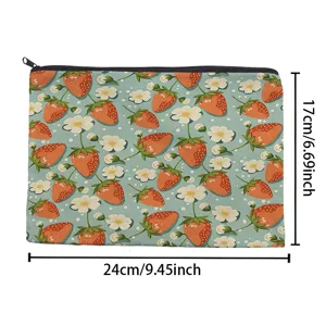 Vintage strawberry print cosmetic bag, portable canvas makeup pouch with secure zipper closure.