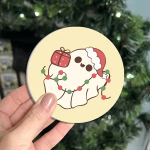 Cute Christmas ghost round car coaster, non-slip leather cup mat for auto and home decor.