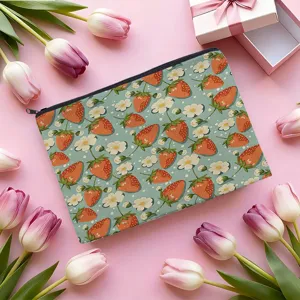 Vintage strawberry print makeup pouch with zipper closure, cute cosmetic bag and travel storage organizer.