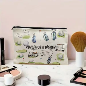 Detail view of the watercolor golf themed canvas zipper cosmetic pouch, great daily organizer bag.