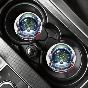 Detailed view of Christmas themed astronaut design car cup coasters placed neatly in a cup holder.