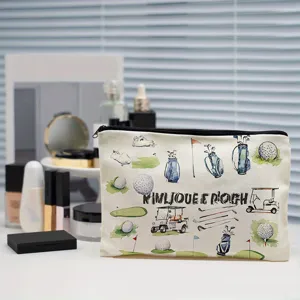 Canvas makeup bag zipper pouch with watercolor golf design for travel storage and stationery.