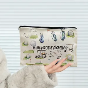 Canvas cosmetic pouch featuring watercolor golf theme prints, portable zipper makeup bag.