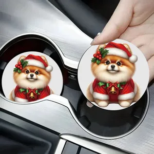 Détail de sous-verre de voiture de Noël Pomeranian, joli sous-verre absorbant de fête.