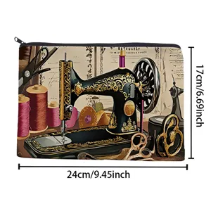 Canvas cosmetic bag with vintage sewing machine print, durable storage pouch for stationery and makeup.