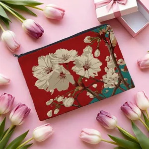 Cherry blossom print makeup pouch, portable red zipper storage bag for daily cosmetic needs.