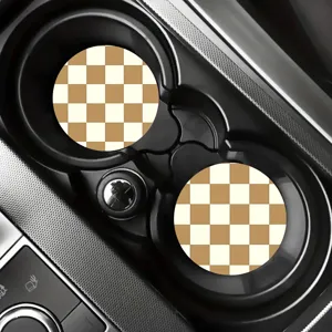 Sous-tasse de voiture à carreaux marron et blanc, tapis en caoutchouc antidérapant pour auto