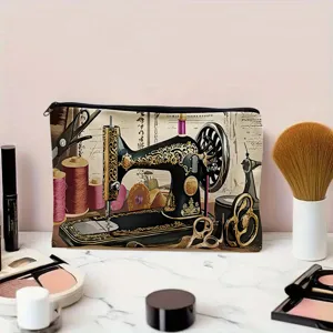 Canvas cosmetic bag with vintage sewing machine print, zipper storage pouch for makeup items.