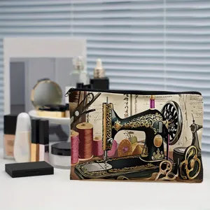 Vintage sewing machine canvas cosmetic bag zipper pouch large capacity pencil case for daily.