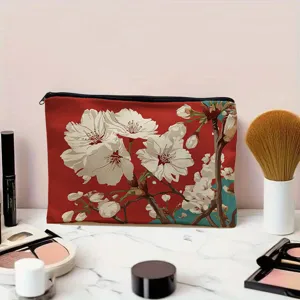 Portable cherry blossom print cosmetic bag with zipper, stylish floral makeup storage pouch for travel.