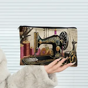 Vintage sewing machine print canvas cosmetic bag zipper pouch large capacity stationery pencil case.